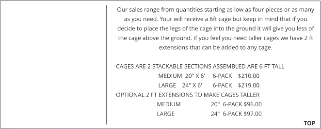 Our sales range from quantities starting as low as four pieces or as many as you need. Your will receive a 6ft cage but keep in mind that if you decide to place the legs of the cage into the ground it will give you less of the cage above the ground. If you feel you need taller cages we have 2 ft extensions that can be added to any cage.   CAGES ARE 2 STACKABLE SECTIONS ASSEMBLED ARE 6 FT TALL                              MEDIUM  20" X 6'     6-PACK    $210.00                              LARGE    24" X 6'       6-PACK    $219.00  OPTIONAL 2 FT EXTENSIONS TO MAKE CAGES TALLER                             MEDIUM                    20"  6-PACK $96.00                             LARGE                        24"  6-PACK $97.00                                                                                                                                                TOP